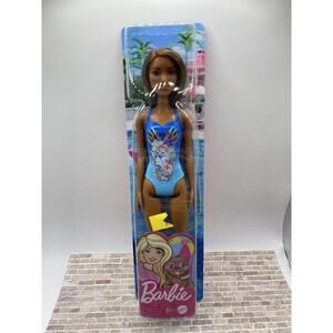 Barbie Beach  Doll Brunette Blue Floral & Flame Swimsuit New! 2021
